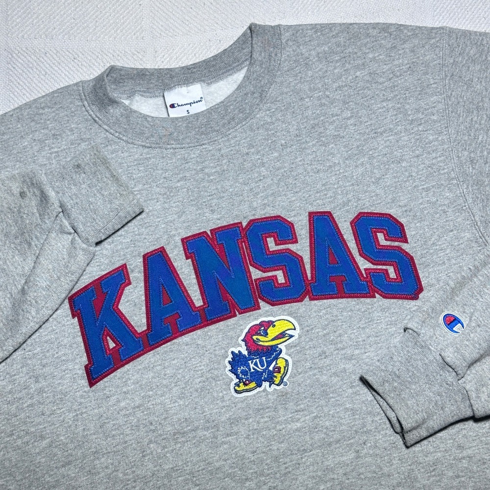 Champion Sweatshirt Mens Small Kansas Jayhawks KU NCAA Embroidered Heather Gray